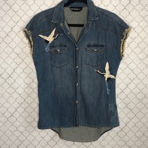 The Kooples XS Distressed Jean Denim Top w Cranes